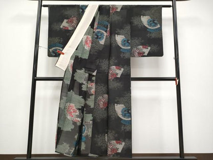 平和屋着物＊極上 夏物 アンティーク 大正ロマン お召 唐獅子 龍 黒地 銀糸 逸品 CYAA4356s6