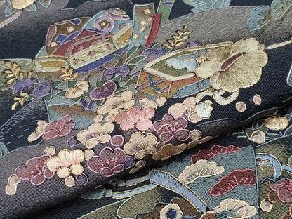 平和屋本店●極上　中国三大刺繍　スワトウ相良刺繍　総刺繍　小紋　動物吉祥文　濃紺地　金糸　反端付き　逸品　CYAA4357s6