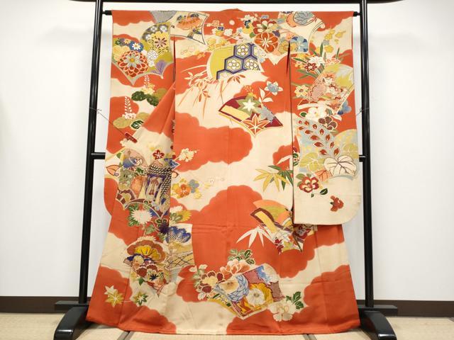 平和屋着物●極上　アンティーク　大正ロマン　振袖　駒刺繍　冊子御所車花文　金彩　逸品　CYAA4358s6