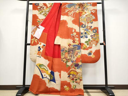 平和屋着物●極上　アンティーク　大正ロマン　振袖　駒刺繍　冊子御所車花文　金彩　逸品　CYAA4358s6