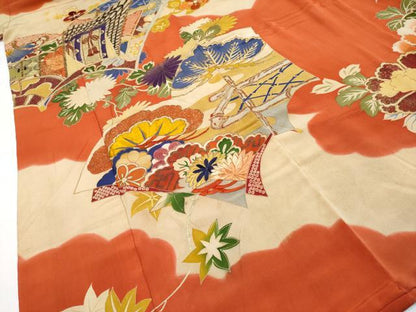 平和屋着物●極上　アンティーク　大正ロマン　振袖　駒刺繍　冊子御所車花文　金彩　逸品　CYAA4358s6