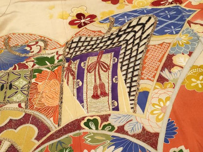 平和屋着物●極上　アンティーク　大正ロマン　振袖　駒刺繍　冊子御所車花文　金彩　逸品　CYAA4358s6