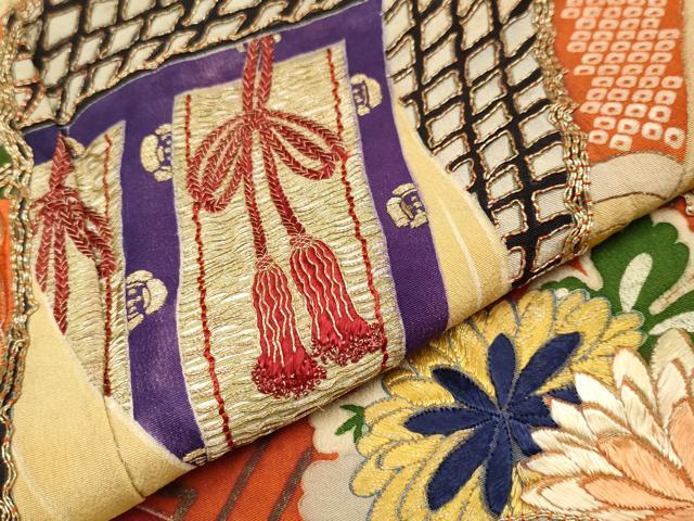 平和屋着物●極上　アンティーク　大正ロマン　振袖　駒刺繍　冊子御所車花文　金彩　逸品　CYAA4358s6