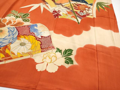 平和屋着物●極上　アンティーク　大正ロマン　振袖　駒刺繍　冊子御所車花文　金彩　逸品　CYAA4358s6