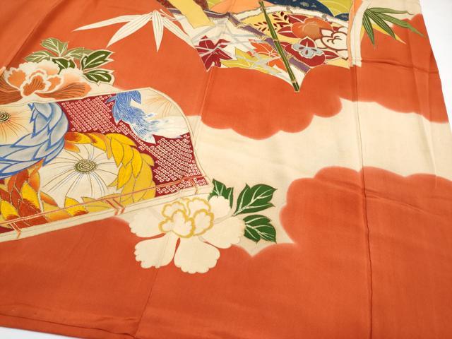 平和屋着物●極上　アンティーク　大正ロマン　振袖　駒刺繍　冊子御所車花文　金彩　逸品　CYAA4358s6