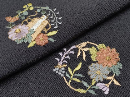 平和屋着物∞極上　道中着　ロング丈　総刺繍　花丸文　金糸　黒紅色地　逸品　CYAA4365s6