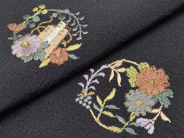 平和屋着物∞極上　道中着　ロング丈　総刺繍　花丸文　金糸　黒紅色地　逸品　CYAA4365s6