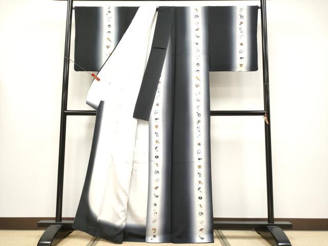 平和屋着物●極上　小紋　動物楽器玩具文　暈し染め　黒地　逸品　CYAA4385s6