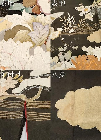 平和屋着物●極上　アンティーク　大正ロマン　振袖　駒刺繍　花舟文　黒地　金彩　逸品　CYAA4389s6
