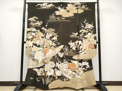 平和屋着物●極上　アンティーク　大正ロマン　振袖　駒刺繍　花舟文　黒地　金彩　逸品　CYAA4389s6