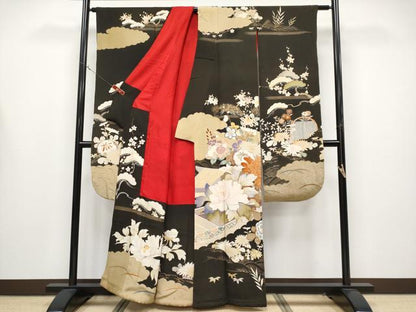 平和屋着物●極上　アンティーク　大正ロマン　振袖　駒刺繍　花舟文　黒地　金彩　逸品　CYAA4389s6