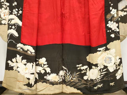 平和屋着物●極上　アンティーク　大正ロマン　振袖　駒刺繍　花舟文　黒地　金彩　逸品　CYAA4389s6