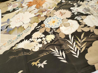平和屋着物●極上　アンティーク　大正ロマン　振袖　駒刺繍　花舟文　黒地　金彩　逸品　CYAA4389s6