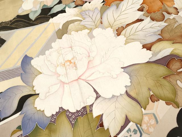 平和屋着物●極上　アンティーク　大正ロマン　振袖　駒刺繍　花舟文　黒地　金彩　逸品　CYAA4389s6