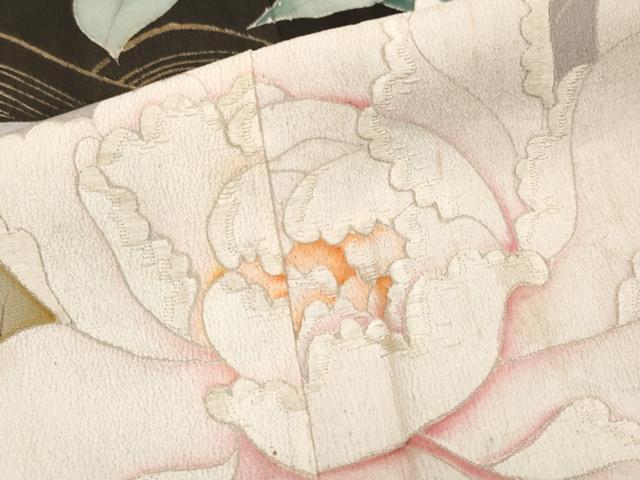 平和屋着物●極上　アンティーク　大正ロマン　振袖　駒刺繍　花舟文　黒地　金彩　逸品　CYAA4389s6
