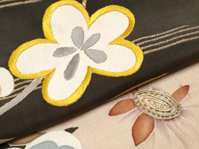 平和屋着物●極上　アンティーク　大正ロマン　振袖　駒刺繍　花舟文　黒地　金彩　逸品　CYAA4389s6
