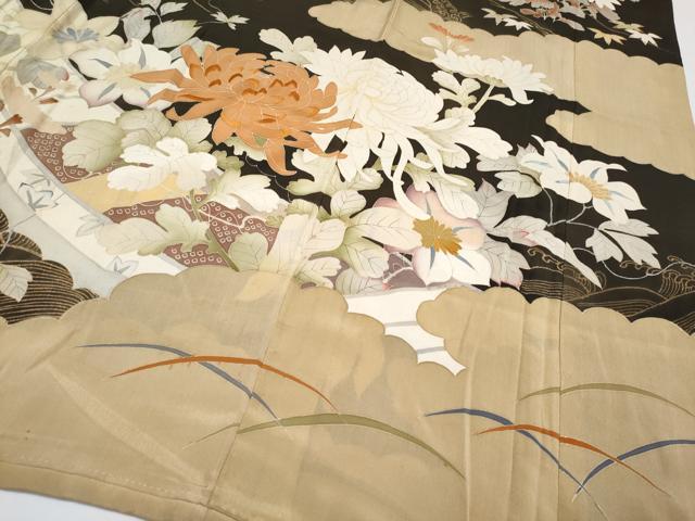 平和屋着物●極上　アンティーク　大正ロマン　振袖　駒刺繍　花舟文　黒地　金彩　逸品　CYAA4389s6