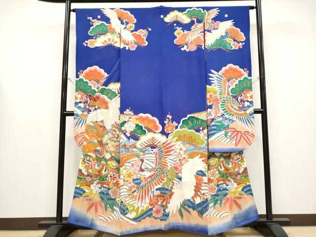 平和屋本店●極上 アンティーク 大正ロマン 振袖 駒刺繍 飛鶴宝船文 金彩 紺青色地 逸品 CYAA4390s6