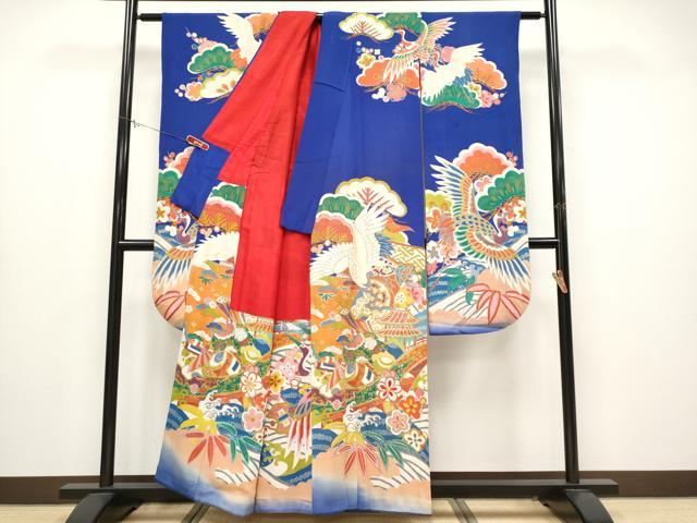 平和屋本店●極上 アンティーク 大正ロマン 振袖 駒刺繍 飛鶴宝船文 金彩 紺青色地 逸品 CYAA4390s6