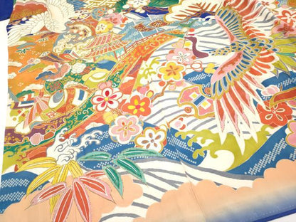 平和屋本店●極上 アンティーク 大正ロマン 振袖 駒刺繍 飛鶴宝船文 金彩 紺青色地 逸品 CYAA4390s6