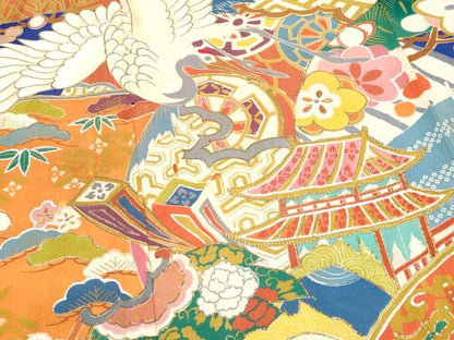 平和屋本店●極上 アンティーク 大正ロマン 振袖 駒刺繍 飛鶴宝船文 金彩 紺青色地 逸品 CYAA4390s6