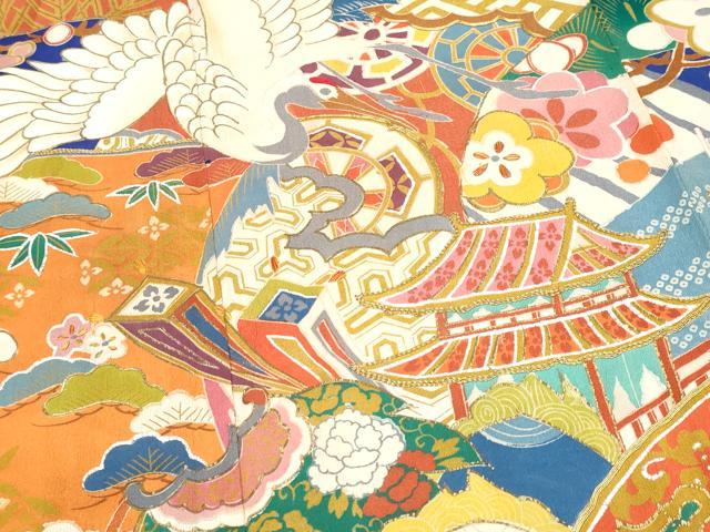 平和屋本店●極上 アンティーク 大正ロマン 振袖 駒刺繍 飛鶴宝船文 金彩 紺青色地 逸品 CYAA4390s6
