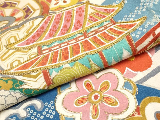 平和屋本店●極上 アンティーク 大正ロマン 振袖 駒刺繍 飛鶴宝船文 金彩 紺青色地 逸品 CYAA4390s6