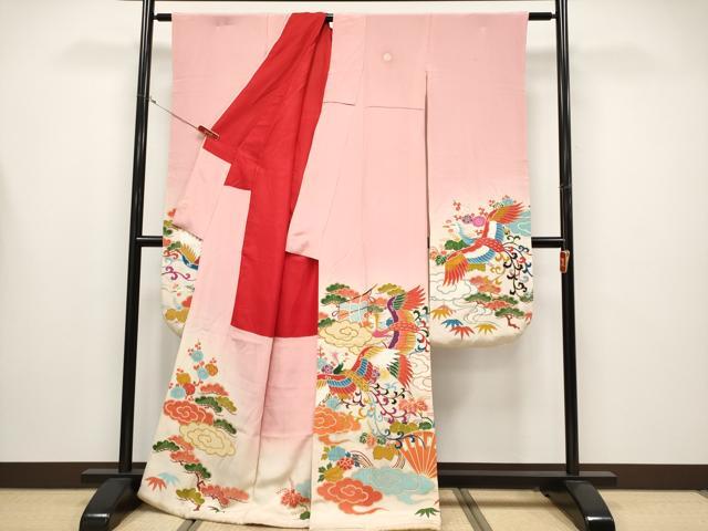 平和屋本店●極上　アンティーク　大正ロマン　振袖　鳳凰雲取り枝花文　暈し染め　金彩　紅梅色地　逸品　CYAA4392s6