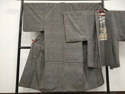平和屋着物●極上　男性　紬　アンサンブル　縞　黒橡色　逸品　CYAA4394s6