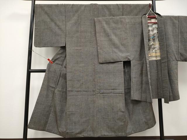 平和屋着物●極上　男性　紬　アンサンブル　縞　黒橡色　逸品　CYAA4394s6