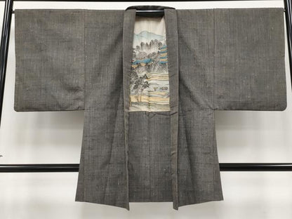 平和屋着物●極上　男性　紬　アンサンブル　縞　黒橡色　逸品　CYAA4394s6