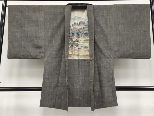 平和屋着物●極上　男性　紬　アンサンブル　縞　黒橡色　逸品　CYAA4394s6