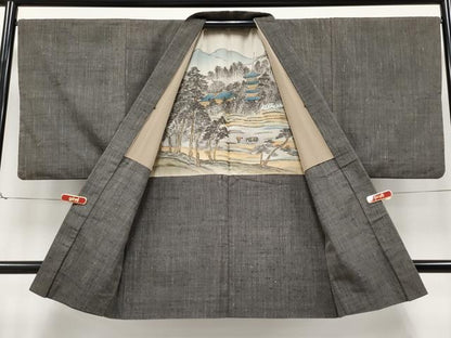 平和屋着物●極上　男性　紬　アンサンブル　縞　黒橡色　逸品　CYAA4394s6