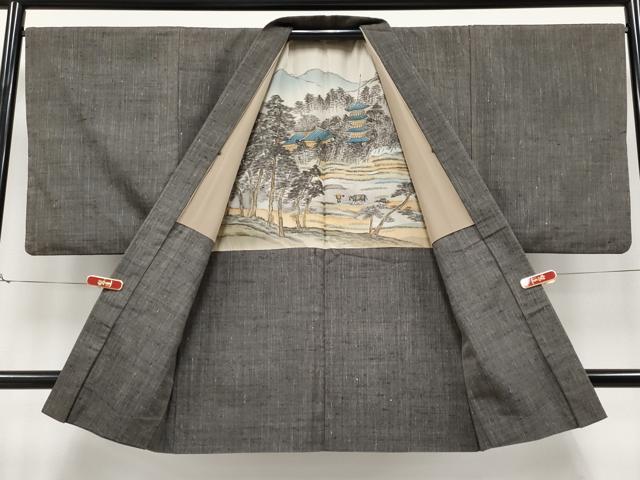 平和屋着物●極上　男性　紬　アンサンブル　縞　黒橡色　逸品　CYAA4394s6