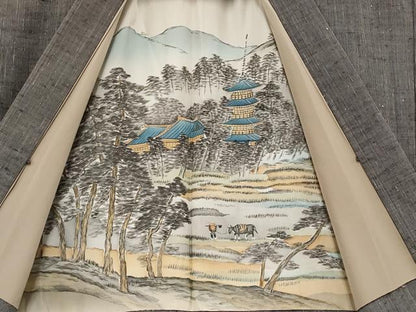 平和屋着物●極上　男性　紬　アンサンブル　縞　黒橡色　逸品　CYAA4394s6