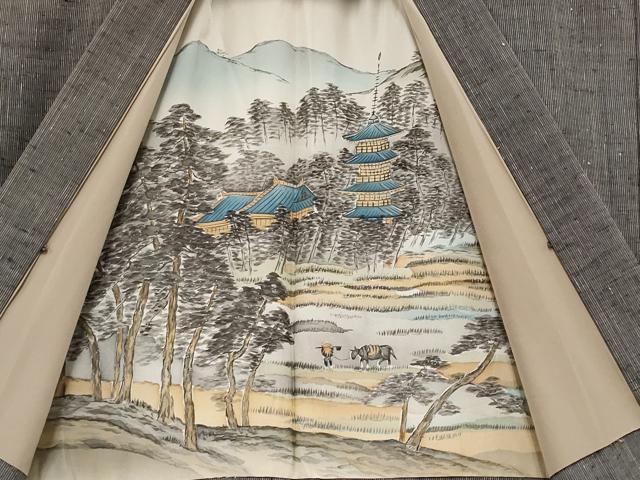 平和屋着物●極上　男性　紬　アンサンブル　縞　黒橡色　逸品　CYAA4394s6