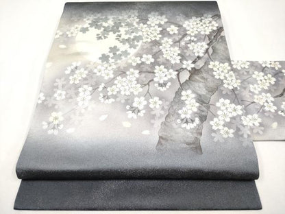 平和屋着物●極上　洛楽人工房　九寸名古屋帯　満月に桜　銀通し地　濃紺地　逸品　未使用　CYAA4410s6