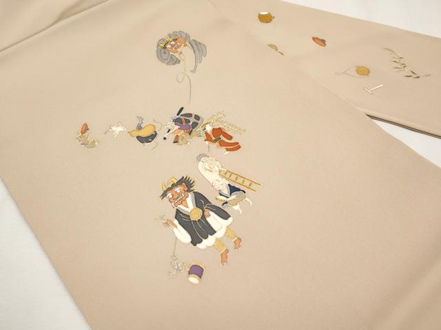 平和屋本店●極上　塩瀬　九寸名古屋帯　手描き　大津絵　金彩　白茶色地　逸品　未使用　CYAA4413s6