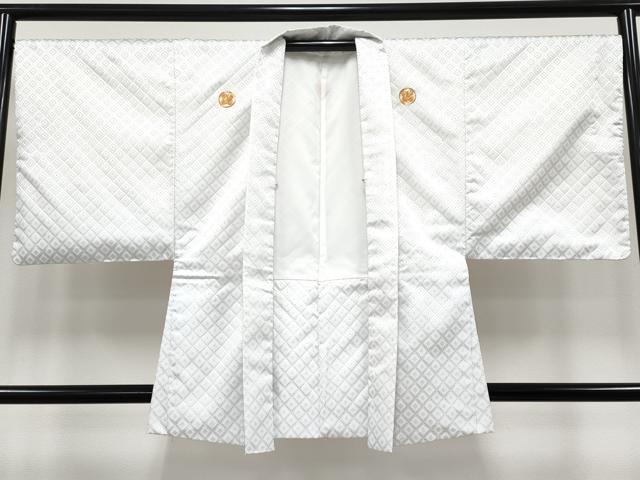 平和屋着物●極上　男性　紋付き・羽織・馬乗り袴・ファーセット　舞台衣装　白地　洗える着物　逸品　CYAA4450s6