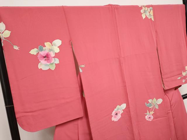 平和屋着物●極上　小紋　手描き　草花文　薔薇色地　逸品　CYAA4455s6