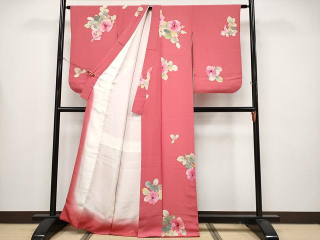 平和屋着物●極上　小紋　手描き　草花文　薔薇色地　逸品　CYAA4455s6