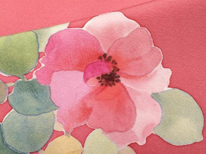 平和屋着物●極上　小紋　手描き　草花文　薔薇色地　逸品　CYAA4455s6