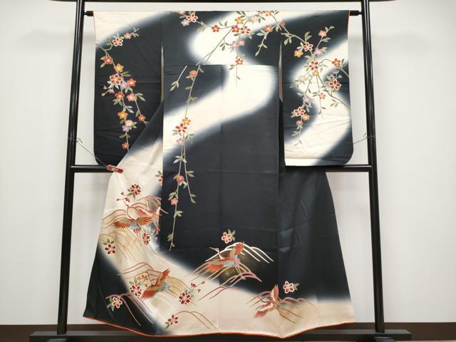 平和屋着物∵極上 女の子 十三参り 子供 祝着 駒刺繍 飛鶴枝垂れ花文 暈し染め 黒地 逸品 CYAA4456s6