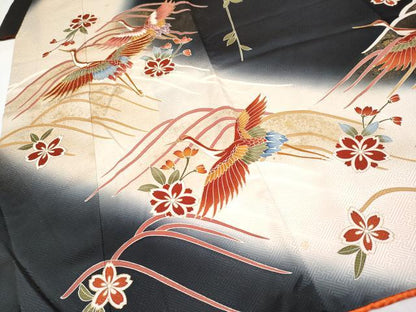 平和屋着物∵極上 女の子 十三参り 子供 祝着 駒刺繍 飛鶴枝垂れ花文 暈し染め 黒地 逸品 CYAA4456s6