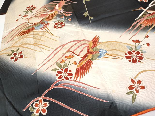 平和屋着物∵極上 女の子 十三参り 子供 祝着 駒刺繍 飛鶴枝垂れ花文 暈し染め 黒地 逸品 CYAA4456s6