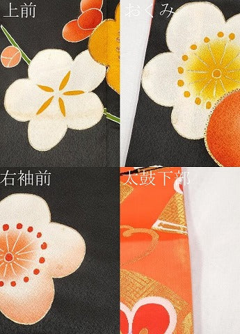 平和屋着物[]極上　七五三　女の子　7歳　祝着・袋帯セット　駒刺繍　枝梅文　黒地　金彩　逸品　CYAA4458s6