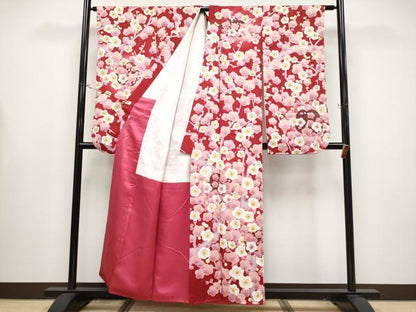 平和屋着物●極上　振袖　駒刺繍　枝桜文　暈し染め　金彩　茜色地　反端付き　逸品　CYAA4459s6