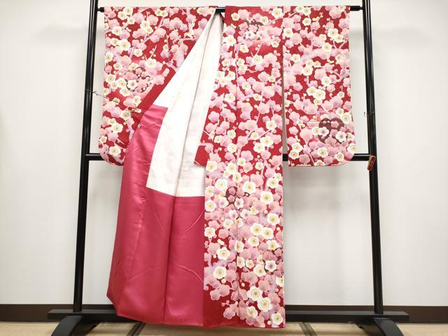 平和屋着物●極上　振袖　駒刺繍　枝桜文　暈し染め　金彩　茜色地　反端付き　逸品　CYAA4459s6