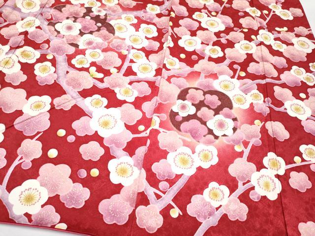 平和屋着物●極上　振袖　駒刺繍　枝桜文　暈し染め　金彩　茜色地　反端付き　逸品　CYAA4459s6