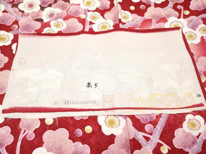 平和屋着物●極上　振袖　駒刺繍　枝桜文　暈し染め　金彩　茜色地　反端付き　逸品　CYAA4459s6